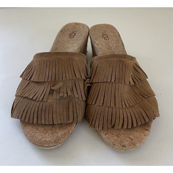 Ugg Kendra Wedge Sandals Tan Leather Fringe Size 10 - Picture 3 of 10